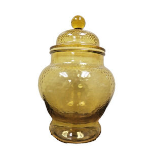 Vintage Pebbled Amber Glass Apothecary Jar Canister With Lid 9"